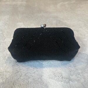 Vintage Black beaded clutch purse with gold diamond clasp‎